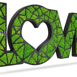 zelený znak lásky so srdcom na boku a slovom láska napísaným v strede, environmentálne umenie , machovy obraz, stabilizovany mach, machová stena, machová dekorácia