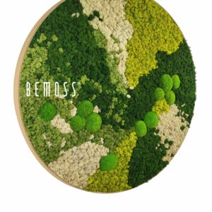 okrúhly obrázok s machom a slovom s nápisom bemuss bielymi písmenami na zelenom pozadí, environmentálne umenie , machovy obraz, stabilizovany mach, machová stena, machová dekorácia